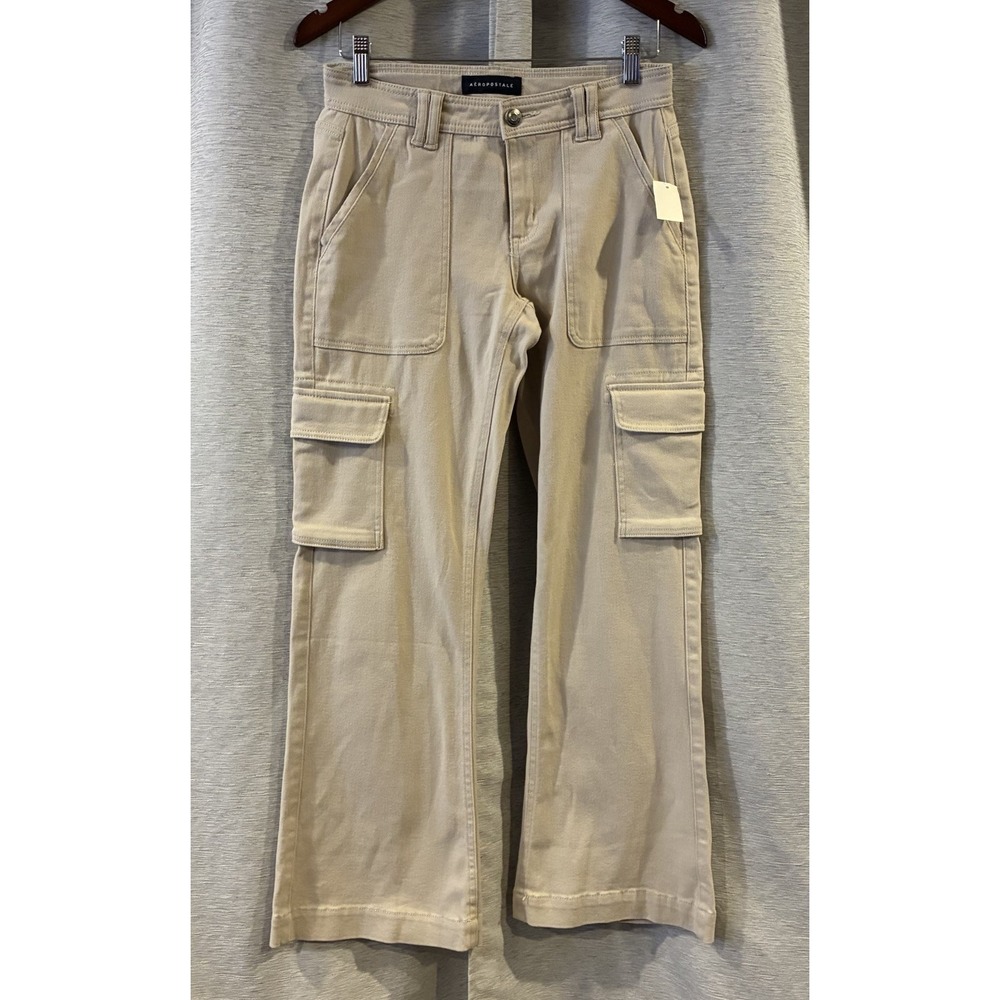 Aeropostale Flare Utility Cargo Pants Womens Size 2 Short Beige Cotton Blend NWT